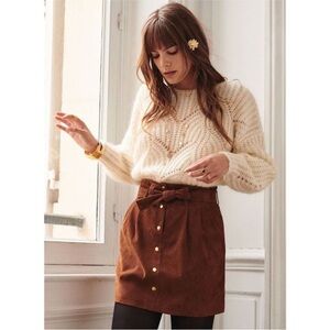 Sezane Tesse Suede Leather Belted Mini Skirt Brown Size 2/34/S